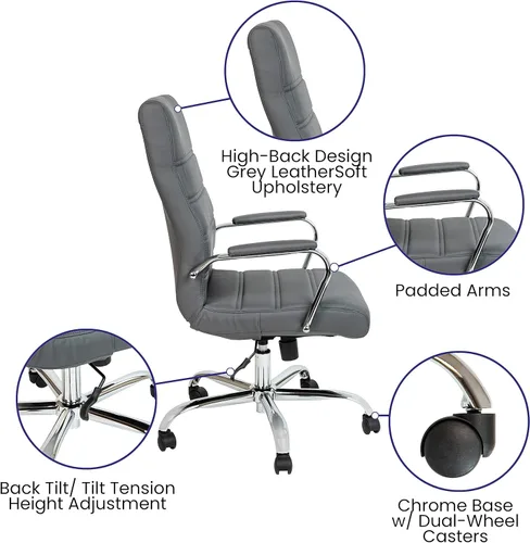 Miniatura 4 de Flash Furniture - Silla giratoria Whitney de oficina con respaldo alto de LeatherSoft, con asiento acolchado y reposabrazos, silla de oficina Gris