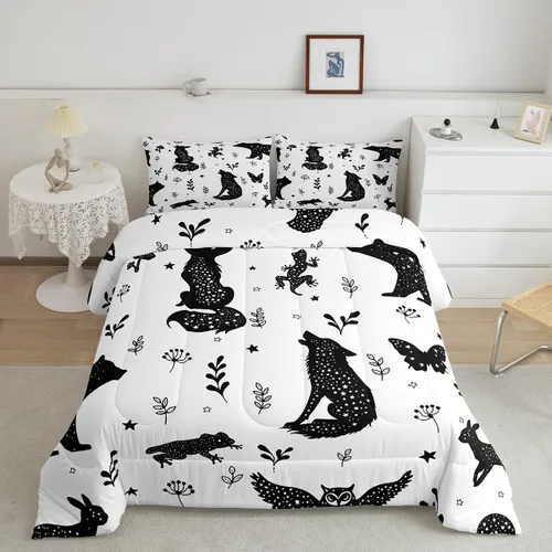 Miniatura 2 de Juego de ropa de cama matrimonial con diseño de bosques para niños y niñas, juego de edredón con diseño botánico de animales, estilo escandinavo