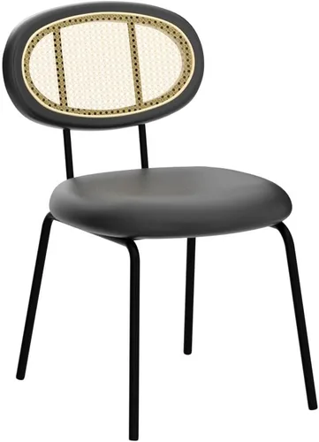 Miniatura 5 de Juego de 2 sillas de comedor con respaldo de ratán moderno de mediados de siglo, sillas laterales de cocina tapizadas de cuero negro con patas