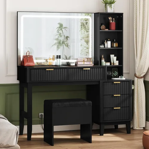 Miniatura 9 de WLIVE Escritorio de tocador con espejo y luces, mesa de maquillaje con cajón, armario y estantes abiertos, tocador de dormitorio con estación