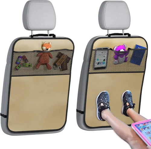 lebogner Funda de asiento trasero para niños + organizador de almacenamiento de 3 bolsillos, paquete de 2 alfombrillas protectoras para asiento