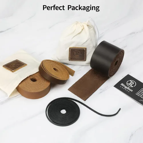 Miniatura 6 de Ringsun Tiras de cuero negro planas de 2 pulgadas de ancho para manualidades, tiras de cuero de grano completo, cordón de cuero para manualidades