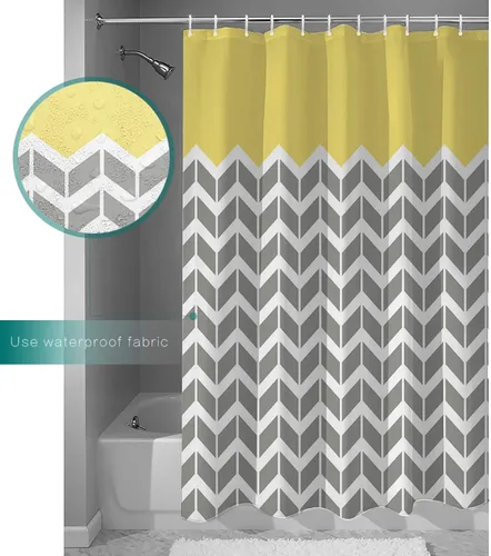 Miniatura 3 de Cortina de ducha, diseño de rayas onduladas, patrón geométrico, gris, amarillo, repelente al agua, tela de poliéster, cortinas de baño con ganchos