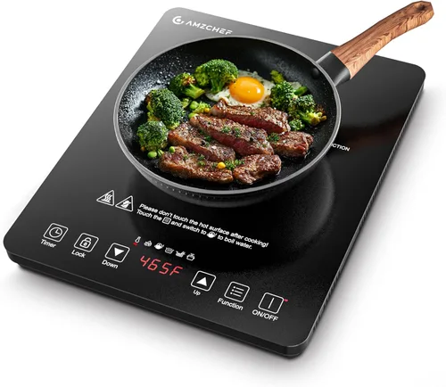 AMZCHEF Placa de inducción portátil con 20 niveles de temperatura y potencia, quemador de estufa de inducción de 1800 W con bobina de calefacción de