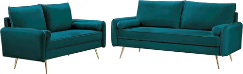 Container Furniture Direct Juego de sofá de terciopelo inspirado en Chesterfield de 2 piezas con patas oblicuas de metal dorado, azul verdoso