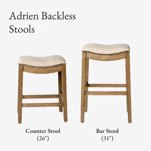 Miniatura 5 de Maven Lane Taburete de bar Adrien sin respaldo – Asiento de sillín de 31 pulgadas con reposapiés – Estructura de madera maciza natural y tapizado