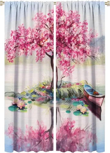 Miniatura 29 de Cortinas opacas con diseño floral de galaxia azul abstracta para dormitorio, cortinas de ventana de teñido anudado con diseño de flor de cerezo