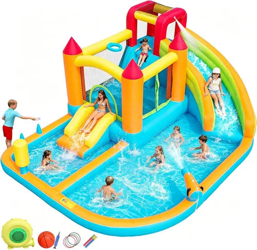 Miniatura 9 de Tobogán acuático inflable para patio trasero de niños, casa de rebote con tobogán acuático, casa inflable para parque acuático inflable para húmedo