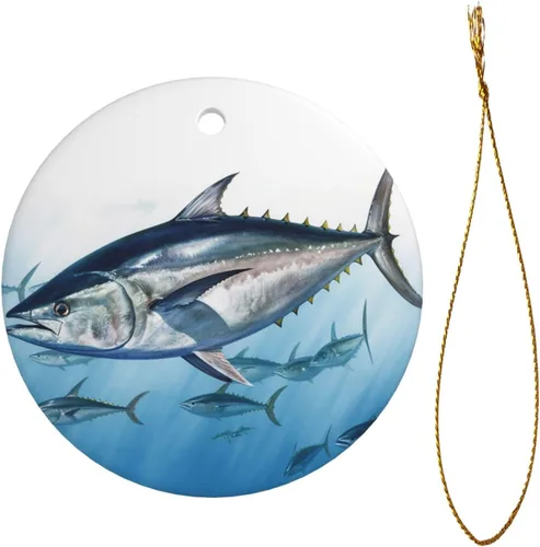 Miniatura 2 de Adorno de Navidad con estampado de atún azul, adorno redondo de Navidad, adornos colgantes para árbol de Navidad, hogar, fiesta, vacaciones