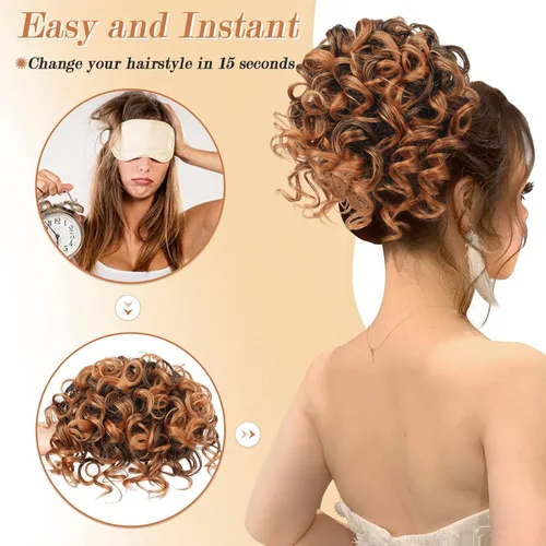 Miniatura 5 de PEACOCO Extensión de Cola de Caballo Corta y Rizada Moño Desordenado con Cordón Elástico Moño de Cabello Suelto para Mujeres con Cabello Delgado