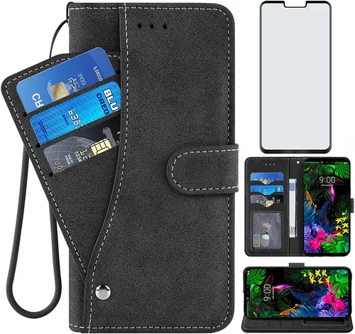Asuwish Compatible con LG G8 ThinQ - Funda tipo cartera de vidrio templado, protector de pantalla con tapa para tarjetas de crédito, soporte para
