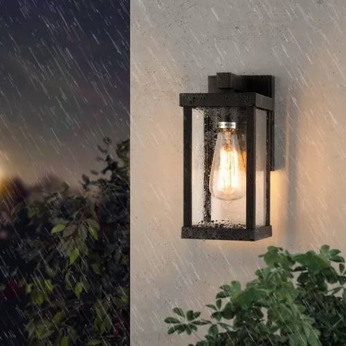 Miniatura 7 de mirrea Aplique de pared clásico para exteriores de 11 pulgadas, marco de metal rectangular negro mate y pantalla de vidrio transparente, luz