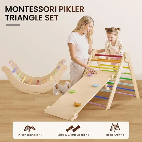Miniatura 5 de Belleur Set de Triángulo Pikler, Juguetes de Escalada Plegables 7 en 1 para Niños Pequeños de 1-6 Años, Set de Escalada Montessori de Madera