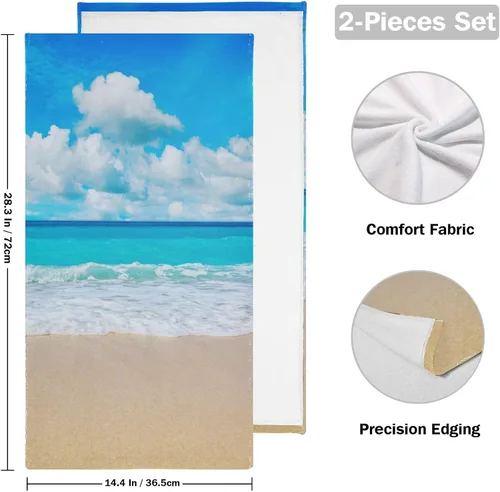 Miniatura 2 de Paquete de 2 toallas de mano para baño, microfibra absorbente azul y blanco con paisaje costero de verano, toallas de cocina de secado rápido