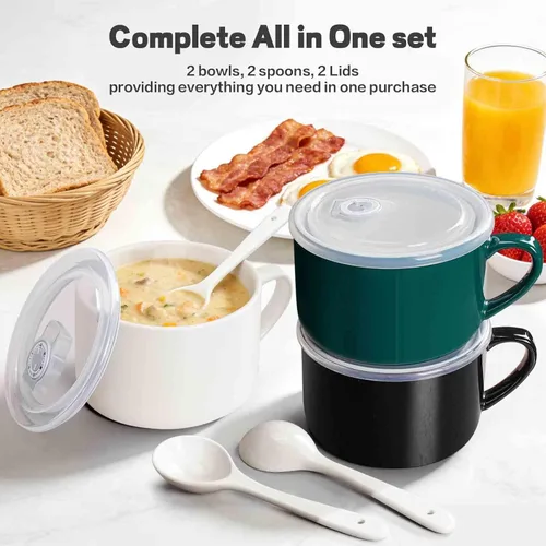 Miniatura 3 de Tazones de sopa con asas y cucharas, cuenco de cerámica para ramen de 30 onzas con tapa, tazas grandes para fideos instantáneos, cuencos grandes