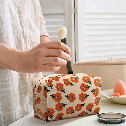 Miniatura 4 de Photect Juego de 3 bolsas de maquillaje floral para bolso, bolsa de lona de pana, pequeña bolsa de cosméticos para mujeres, mini artículos