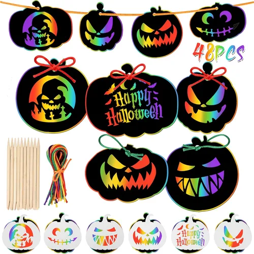 JULMELON Kit de manualidades de papel para rascar de Halloween, 48 piezas a granel de calabazas de Halloween, arco iris mágico, arte para rascar