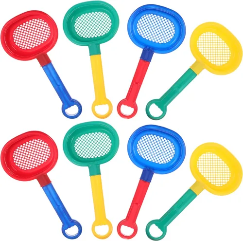 Toddmomy Juguetes de playa para niños, tamices de arena con mango largo, juego de pala de arena de plástico de 8 piezas para baño al aire libre