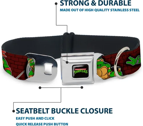 Miniatura 4 de Buckle-Down Collar de perro con hebilla de cinturón de seguridad, posturas clásicas de batalla TMNT/pose grupal, 7, 1 pulgada de ancho, se adapta a
