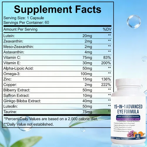 Miniatura 2 de Fórmula avanzada 15 en 1 para ojos – Suplemento de vitaminas y minerales para los ojos con luteína, zeaxantina, extracto de zinc y arándano, apoyo