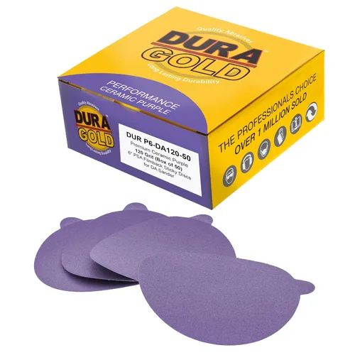 Dura-Gold Discos de lijado de cerámica de grano 120 de 6 pulgadas, PSA de película morada, caja de 50 unidades, papel de lija autoadhesivo para