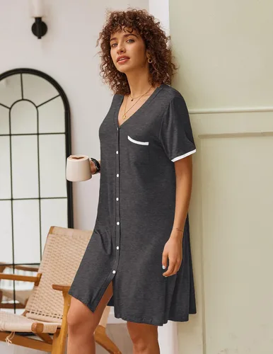 Miniatura 3 de Ekouaer Camisones para mujer, pijamas con botones, manga corta, cuello en V, ropa de dormir S-3XL