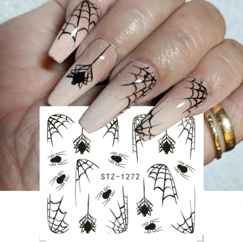 Miniatura 6 de Calcomanías de arte de uñas de Halloween, calcomanías de transferencia de agua, 12 unidades, calabaza, esqueleto, araña, fantasma, hoja de arce