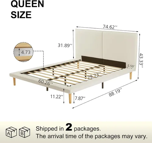 Miniatura 2 de VELOCAVA Base de cama de plataforma tamaño Queen con rieles laterales de 5.9 pulgadas de ancho, cama tapizada beige con cabecero, estilo escandinavo