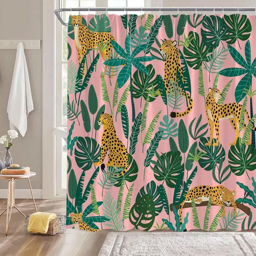 Miniatura 2 de Cortina de ducha de leopardo, vida silvestre, animales, leopardo, asiático, rosa, guepardo, tigre, hoja de palmera, selva tropical, selva, selva