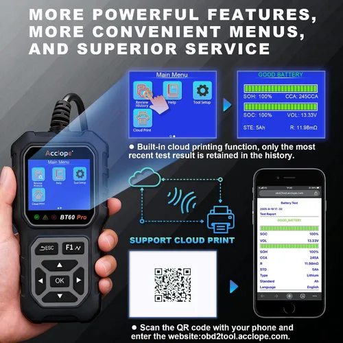 Miniatura 9 de BT60 Pro Probador de Batería de Coche, Analizador Digital con Impresión en la Nube, Verificador de Batería de 6V/12V/24V para AGM, Litio