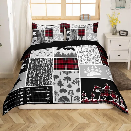 Miniatura 26 de Funda de edredón rústica tamaño Queen, juego de ropa de cama retro para cabaña de cabaña, oso de caza, ciervo, hojas de arce, funda de edredón