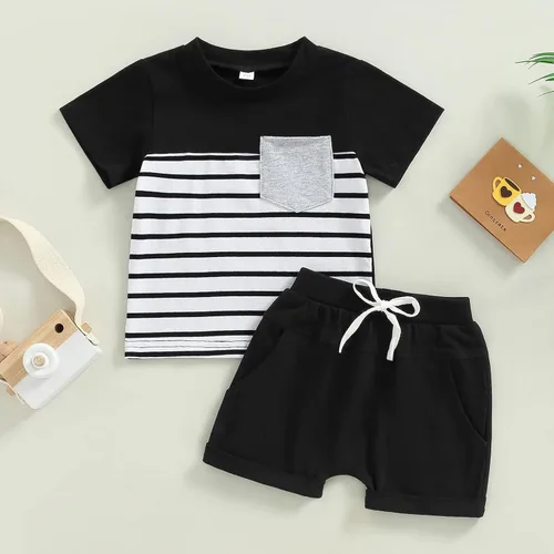 Miniatura 31 de Conjunto de traje de verano para bebé niño pequeño, manga corta, cuello redondo, letras impresas, lindo traje de verano, conjunto de 2 piezas