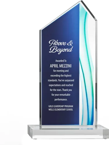 Miniatura 7 de Trofeo grabado – Acrílico azul – Forma rectangular – Acentos de rayas de colores – Grabado personalizado – Premio para empleados Rectángulo