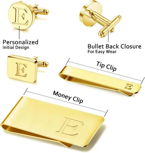 Miniatura 4 de JOERICA Juego de gemelos con iniciales para hombre y clip de corbata para hombre, letras del alfabeto, cartera, clips de corbata y gemelos con caja
