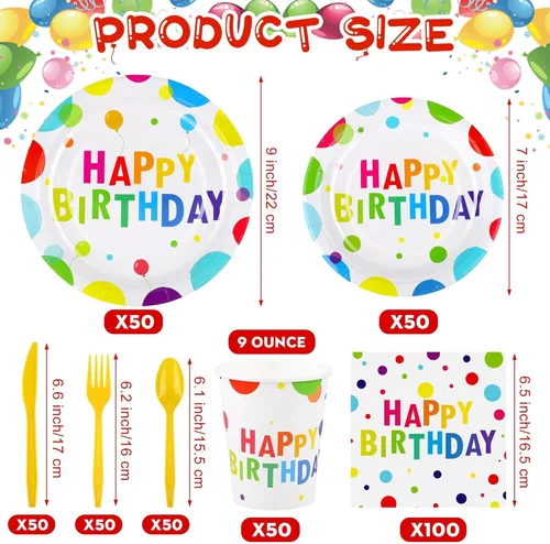 Miniatura 2 de Kochorie 400 piezas de decoraciones de fiesta de feliz cumpleaños, incluyendo platos de papel desechables, vasos, servilletas, juegos de vajilla que