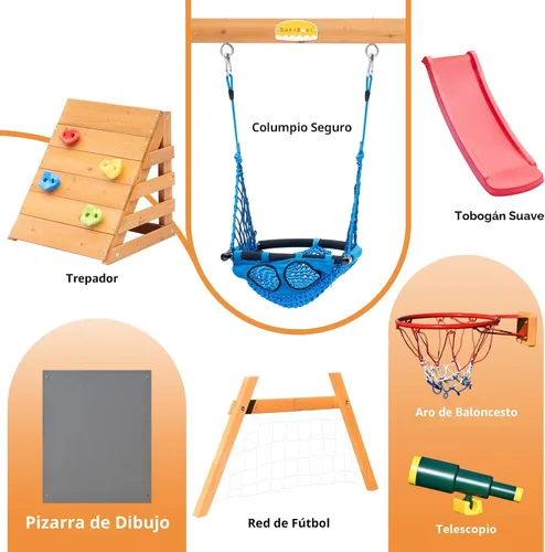 Miniatura 5 de Juego de columpio y tobogán para niños pequeños de 86 x 78 pulgadas, juegos de madera 6 en 1 para patios traseros con columpio de bebé, tobogán