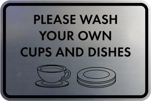 Miniatura 17 de Letrero clásico enmarcado con texto en inglés «Please Wash Your Own Cups and Dishes» (oro cepillado), pequeño