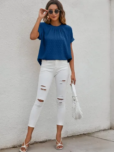 Miniatura 5 de Romwe Blusa casual de trabajo con cuello redondo y manga corta plisada para mujer