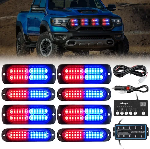 Miniatura 20 de Nilight 8 piezas de luces estroboscópicas LED 12 LED ámbar blancas, luz de emergencia 12 V 24 V, luz de advertencia de peligro con función