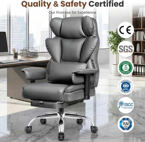 Miniatura 10 de BESTFAIR Silla de oficina grande y alta, silla ejecutiva de respaldo alto con reposapiés y soporte lumbar para personas pesadas, brazos ajustables