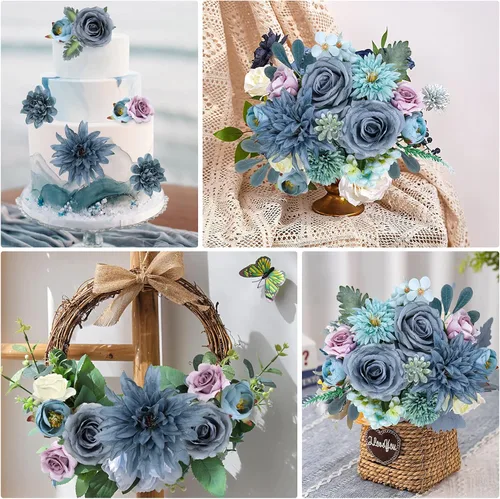 Miniatura 5 de AmyHomie - Juego de flores artificiales azules, mezcla de seda, peonía, rosa, hortensia, flores falsas con tallo para bricolaje, ramos de boda