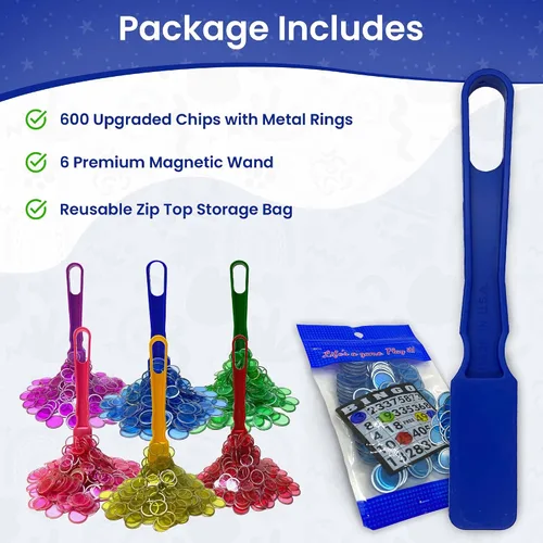 Miniatura 2 de MR CHIPS Fabricado en EE.UU. Juego de 6 varitas magnéticas para bingo y 600 piezas de fichas de plástico de ¾ pulgada mejoradas con anillos de metal