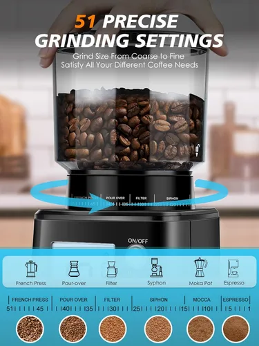 Miniatura 3 de Homtone - Molinillo de café espresso de muelas cónicas, 51 ajustes precisos, molino eléctrico con soporte para portafiltro, ajustable para 2-12