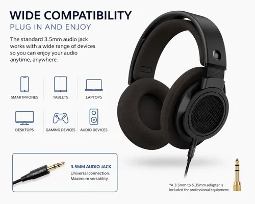Miniatura 6 de PHILIPS SHP9500CY Over-Ear Open-Back Hi-Fi Headphones – 50mm Drivers, Lightweight Comfort Design, Wide Soundstage, Detachable Cable, Home Audio