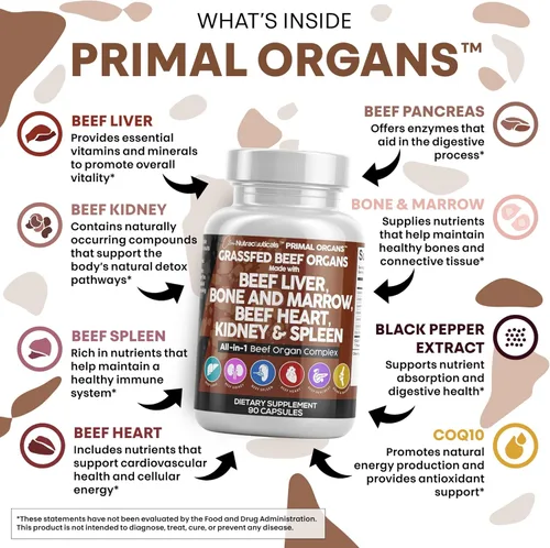 Miniatura 3 de Cápsulas de hígado de res alimentada con pasto de Clean Nutraceuticals - Suplemento de calidad premium empaquetado con corazón de res, bazo
