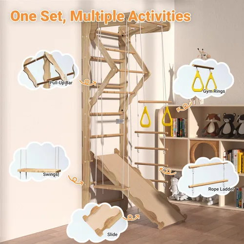 Miniatura 2 de Gimnasio de la selva de madera 5 en 1 para interiores para niños, escalera sueca montada en la pared con barra de agarre, anillos, columpio