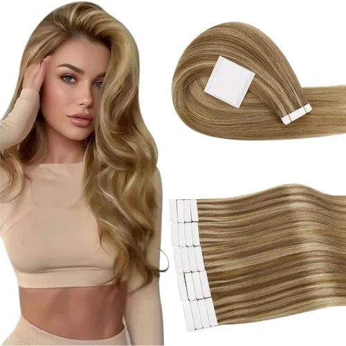 RUNATURE Extensiones de cabello humano color rubio oscuro con cinta adhesiva, sin costuras, extensiones de cabello humano Remy natural con cinta