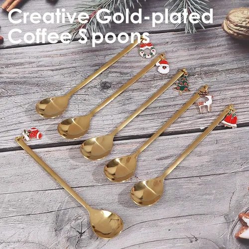 Miniatura 2 de AKOAK 6 unids/set de cuchara de acero inoxidable de Navidad Set creativo café chapado en oro, cuchara de postre cuchara mezcladora de cocina casera