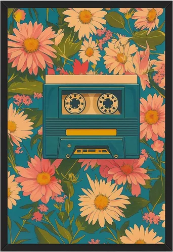 Framed Retro Cassette Floral Poster Canvas Wall Art Prints Vintage Painting Pictures Wall Decor Funky Art Print Trendy Decoration for Living Room