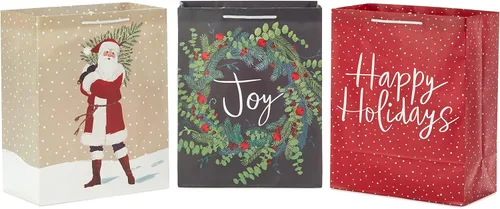 Hallmark Paquete de bolsa de regalo de Navidad grande de 13 pulgadas (3 bolsas: corona de alegría en gris, Papá Noel rústico con árbol, felices